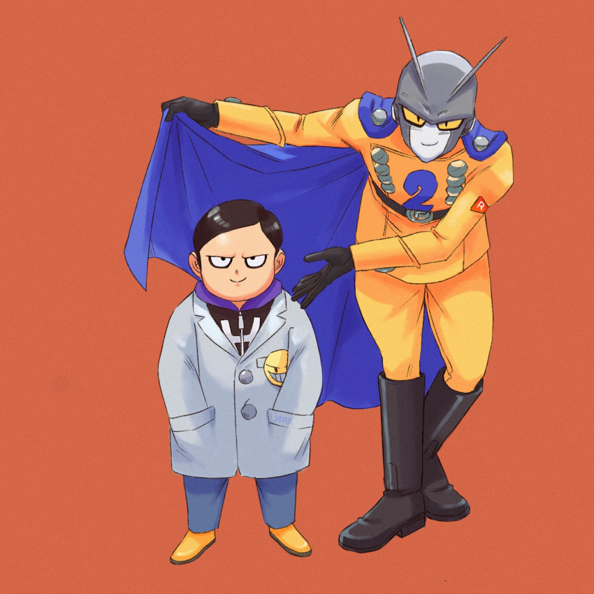 2boys black_eyes black_gloves black_hair blue_cape boots bowing cape commentary dr._hedo dragon_ball dragon_ball_super dragon_ball_super_super_hero english_commentary gamma_2 gloves hands_in_pockets height_difference highres hood hoodie jacket jenxd_d knee_boots labcoat male_focus multiple_boys pants smile yellow_jacket yellow_pants