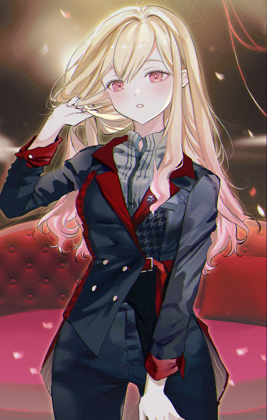 0202ase 1girl absurdres black_coat black_pants blonde_hair blush coat commentary_request highres little_bravers!_(project_sekai) long_hair long_sleeves looking_at_viewer multicolored_coat multicolored_hair pants parted_lips pink_eyes pink_hair project_sekai red_coat solo teeth tenma_saki wavy_hair