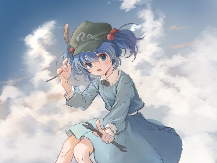 1girl 80isiiii bangs blue_eyes blue_hair blue_shirt blue_skirt blush clouds cloudy_sky collared_shirt feet_out_of_frame flat_cap green_headwear hair_between_eyes hair_bobbles hair_ornament hat highres holding holding_wrench kawashiro_nitori long_sleeves open_mouth shirt short_hair skirt sky smile solo touhou two_side_up wrench