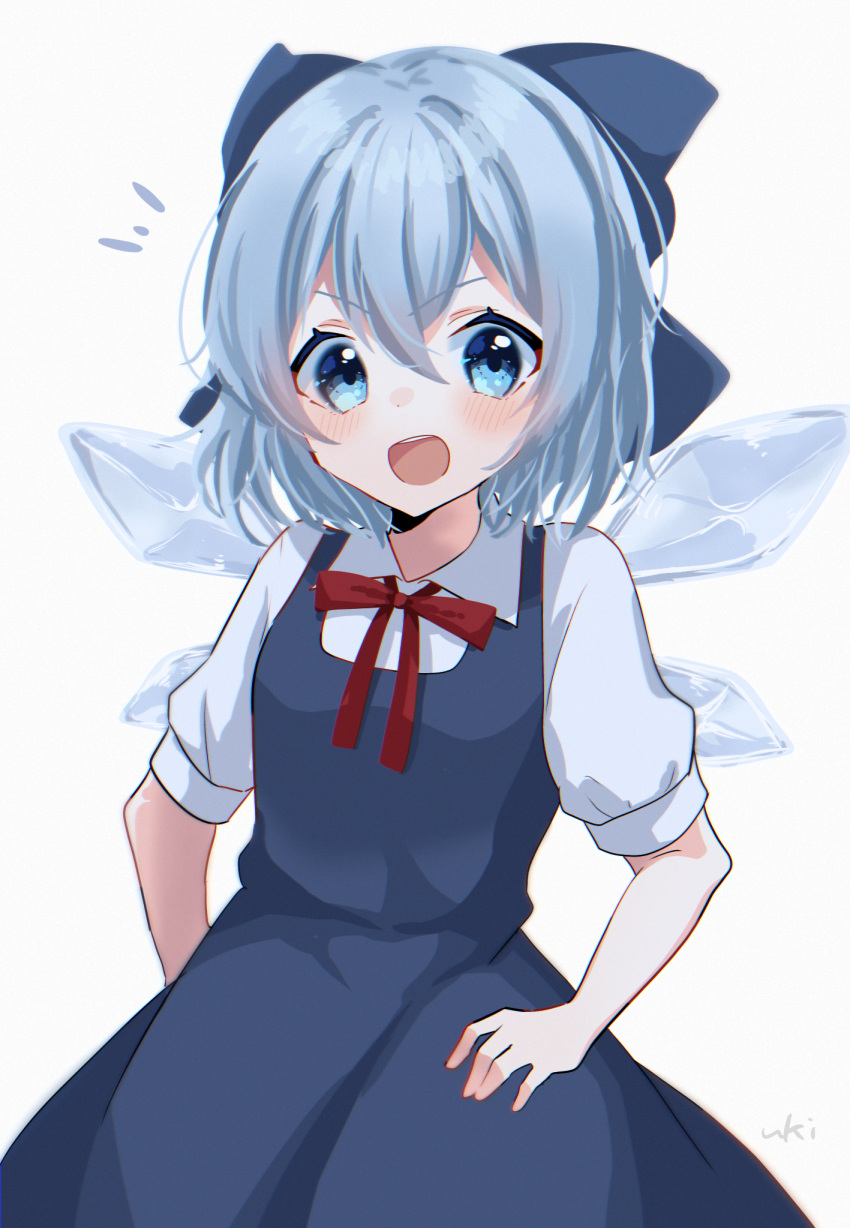 1girl :d blue_bow blue_dress blue_eyes blue_hair blush bow breasts cirno collared_shirt dress embodiment_of_scarlet_devil hair_bow hand_on_hip highres ice ice_wings looking_at_viewer neck_ribbon notice_lines open_mouth pinafore_dress red_ribbon ribbon shirt short_hair short_sleeves simple_background small_breasts smile solo teeth touhou upper_teeth_only white_background white_shirt wings yuxi