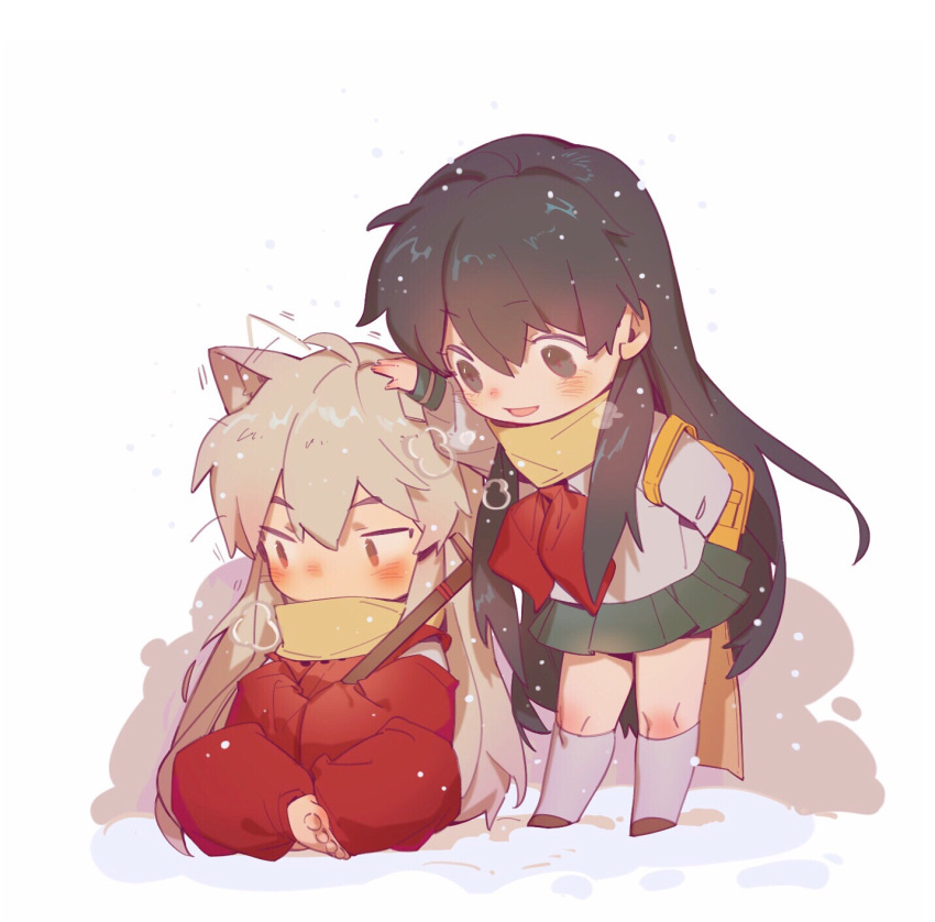 1boy 1girl afterimage alternate_hair_length alternate_hairstyle animal_ears arm_up backpack bag bangs barefoot black_hair blush chibi dog_ears ear_twitch full_body green_skirt grey_hair hand_on_another's_head hands_in_opposite_sleeves headpat highres higurashi_kagome indian_style inuyasha inuyasha_(character) japanese_clothes kariginu kneehighs leaning_forward lili3639 long_hair long_sleeves looking_at_another looking_away looking_down miniskirt neckerchief on_ground pants pleated_skirt red_neckerchief red_pants scarf school_uniform serafuku shoes sideways_glance simple_background sitting skirt smile snow snowing socks standing sword very_long_hair weapon white_background white_socks wide_sleeves winter yellow_scarf