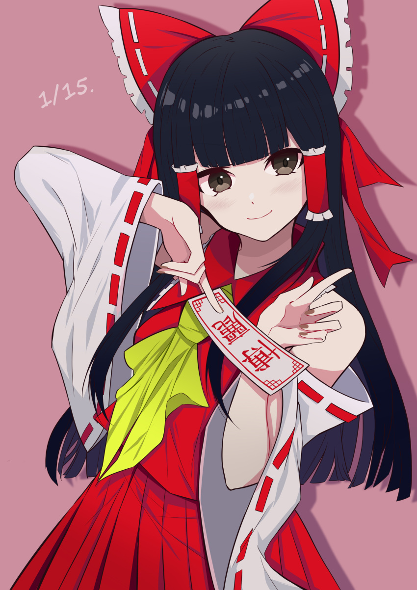 1girl absurdres arm_up ascot bangs bare_shoulders between_fingers black_hair blunt_bangs bow brown_eyes dated detached_sleeves hair_bow hair_tubes hakurei_reimu hands_up highres holding light_blush long_hair looking_at_viewer mutsu_aya nail_polish ofuda pink_background red_bow ribbon-trimmed_sleeves ribbon_trim simple_background skirt smile solo touhou wide_sleeves