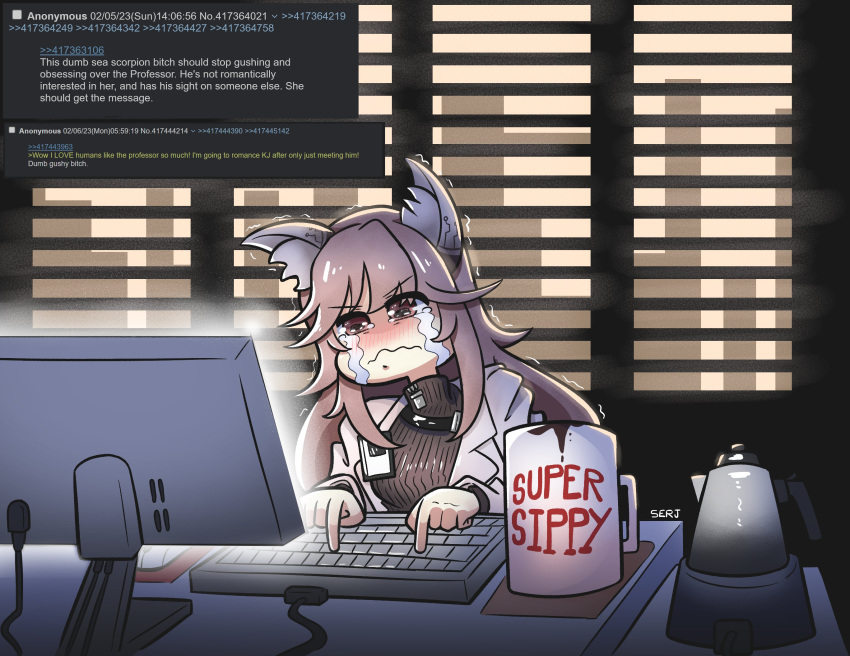 1girl 4chan animal_ear_fluff animal_ears artist_name bangs blush breasts brown_hair cat_ears closed_mouth crying crying_with_eyes_open cup english_commentary english_text girls'_frontline_neural_cloud girls_frontline highres indoors keyboard_(computer) labcoat long_hair looking_at_screen monitor mug persicaria_(girls'_frontline_nc) serjatronic shaking sitting solo sweater tears typing upper_body