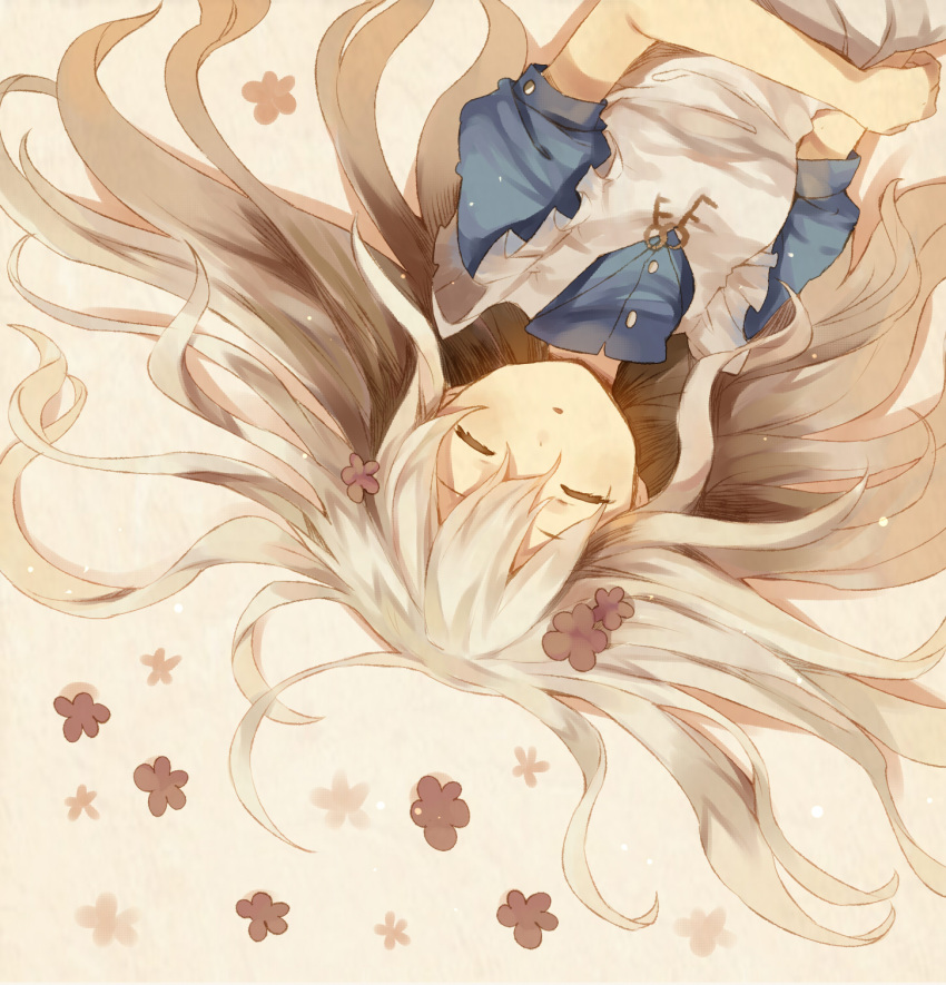1girl apron blonde_hair blue_shirt closed_eyes dot_nose flower highres jewelry kagerou_project key_necklace kinakomotitaberu kozakura_marry long_hair lying necklace on_back parted_lips puffy_short_sleeves puffy_sleeves shirt short_sleeves solo very_long_hair white_apron white_background