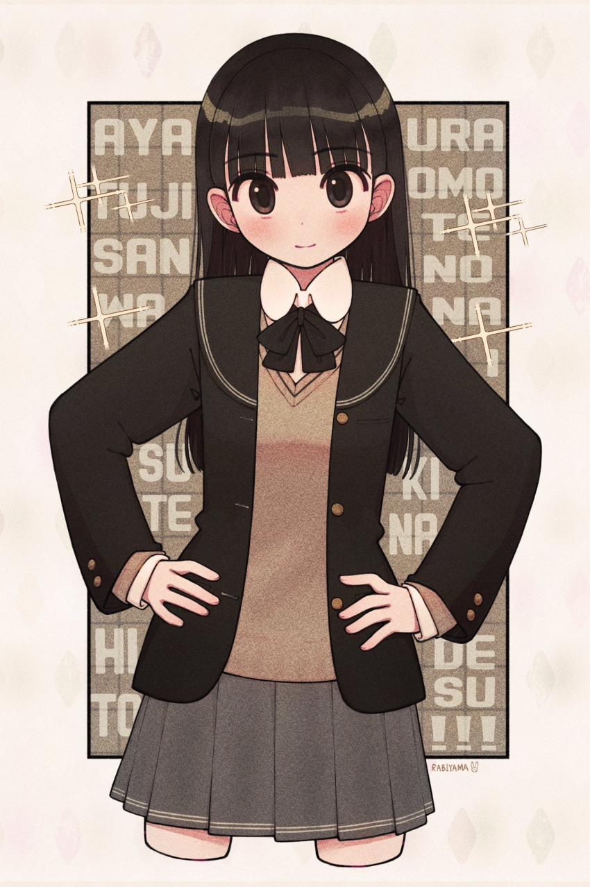 1girl amagami artist_name ayatsuji_tsukasa bangs black_bow black_bowtie black_hair black_jacket black_sailor_collar blazer blunt_bangs blush bow bowtie breasts brown_background brown_eyes brown_sweater bunny_symbol closed_mouth commentary cowboy_shot cropped_legs dress_shirt grey_skirt hands_on_hips highres jacket kibito_high_school_uniform light_smile long_hair long_sleeves looking_at_viewer open_clothes open_jacket outside_border pleated_skirt rabiyamarabi romaji_text sailor_collar school_uniform shirt signature skirt small_breasts smile solo sparkle standing sweater translated white_shirt