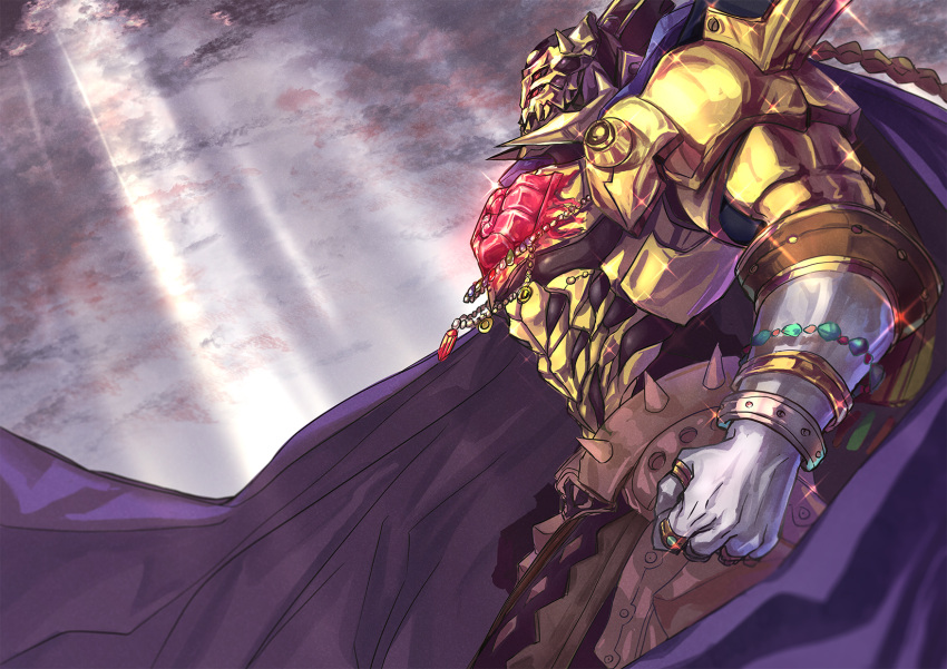 1boy cape clenched_hands clouds cloudy_sky commission duel_monster eldlich_the_golden_lord gauntlets gold_armor helmet highres jewelry looking_up male_focus multiple_rings necklace outdoors purple_cape red_eyes ring shouma_(bravespiritya) skeb_commission sky solo yu-gi-oh!