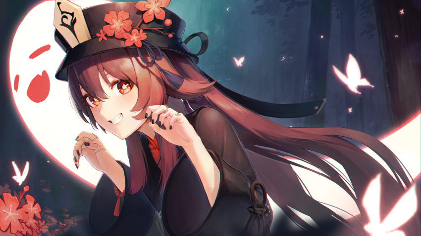 1girl absurdres alaskastomatoez bangs black_nails boo_tao_(genshin_impact) brown_coat brown_hair bug butterfly coat commentary floating_hair flower flower-shaped_pupils genshin_impact grin hair_flaps hands_up hat hat_branch hat_flower highres hu_tao_(genshin_impact) jewelry long_hair long_sleeves looking_at_viewer multiple_rings nail_polish night outdoors porkpie_hat red_eyes red_flower red_shirt ring shirt sidelocks smile solo symbol-shaped_pupils tassel teeth tree twintails upper_body very_long_hair wide_sleeves