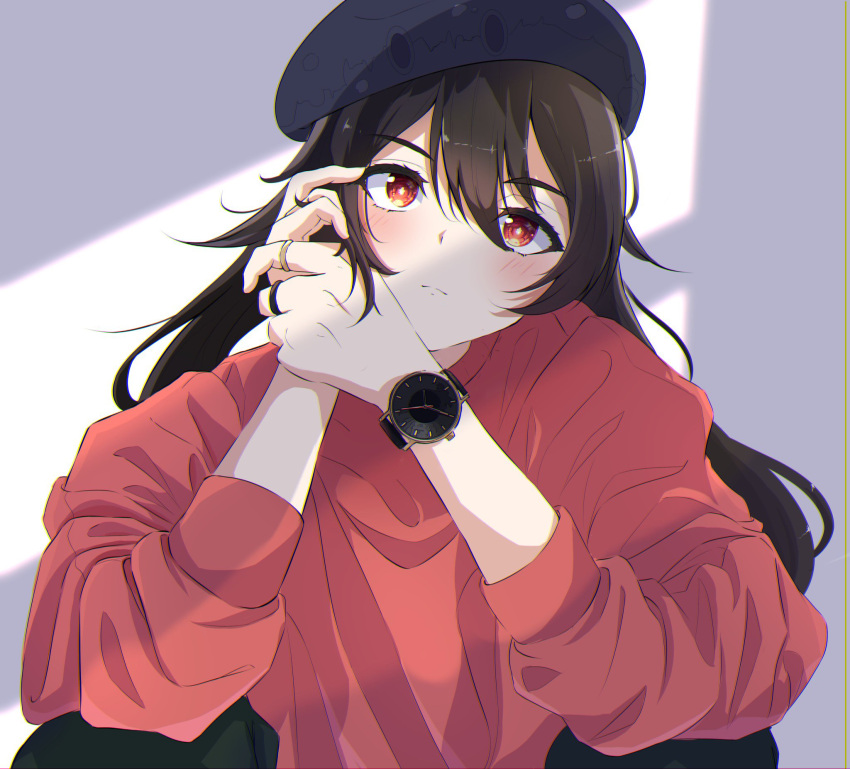 1girl alternate_costume bangs beret black_headwear blush brown_hair casual closed_mouth eiko_potato genshin_impact hair_between_eyes hat highres hu_tao_(genshin_impact) jewelry looking_at_viewer multiple_rings own_hands_together red_eyes red_shirt ring shirt solo squatting upper_body watch watch