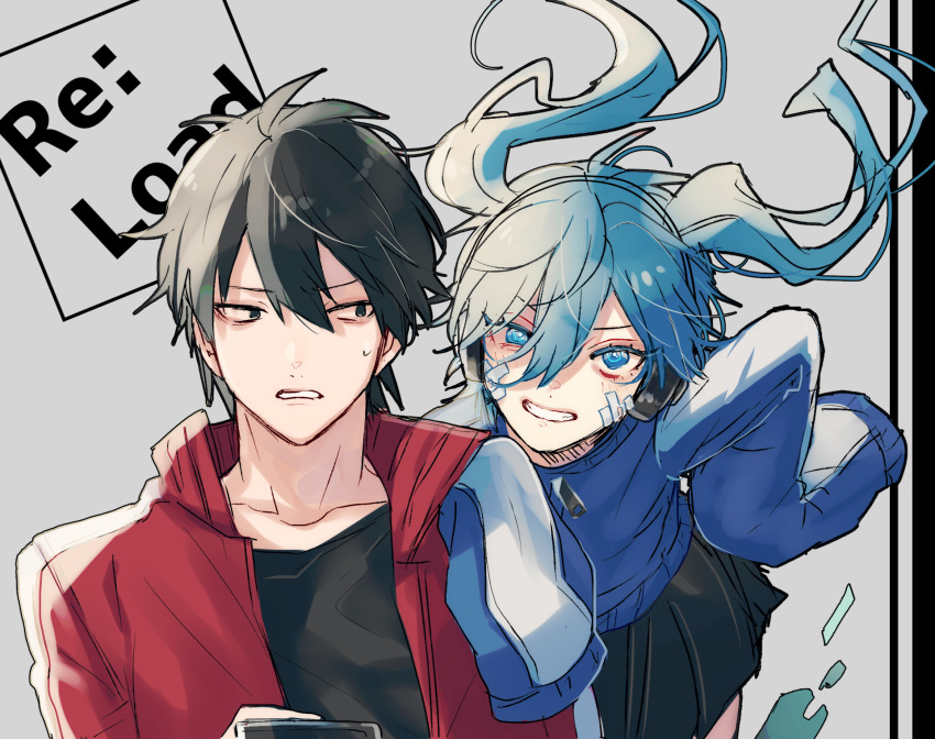 1boy 1girl annoyed black_eyes black_hair black_shirt black_skirt blue_eyes blue_hair blue_jacket casual collarbone colored_eyelashes commentary ene_(kagerou_project) english_text floating_hair grey_background grin hair_between_eyes hand_on_another's_shoulder highres holding jacket junjam kagerou_project kisaragi_shintarou looking_at_viewer looking_to_the_side mekakucity_actors open_clothes open_jacket open_mouth pleated_skirt red_jacket sanpaku shirt short_hair sketch skirt sleeves_past_wrists smile sweat t-shirt teeth track_jacket tsurime twintails upper_body very_long_sleeves zipper