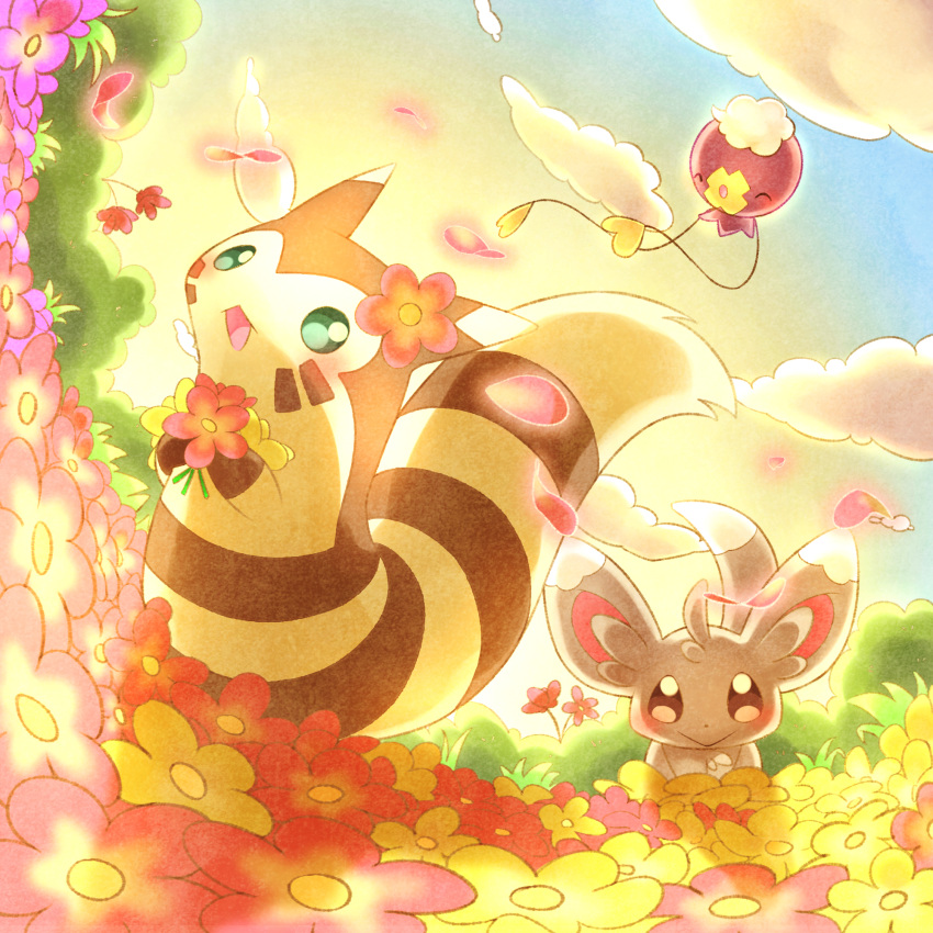 :&gt; :d blush closed_mouth clouds commentary_request day drifloon flower furret green_eyes highres holding holding_flower looking_at_viewer minccino no_humans open_mouth outdoors pink_flower pokemon pokemon_(creature) putto sky smile tongue yellow_flower