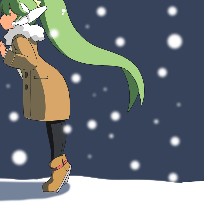 1girl absurdres black_pantyhose blurry blurry_background boots brown_coat brown_footwear coat depth_of_field faceless faceless_female from_side fujishiro_nekomata fur-trimmed_coat fur_trim green_hair high_ponytail highres kiss long_sleeves open_clothes open_coat original outdoors pantyhose ponytail robot_ears snow snowing solo sweater tiptoes white_sweater