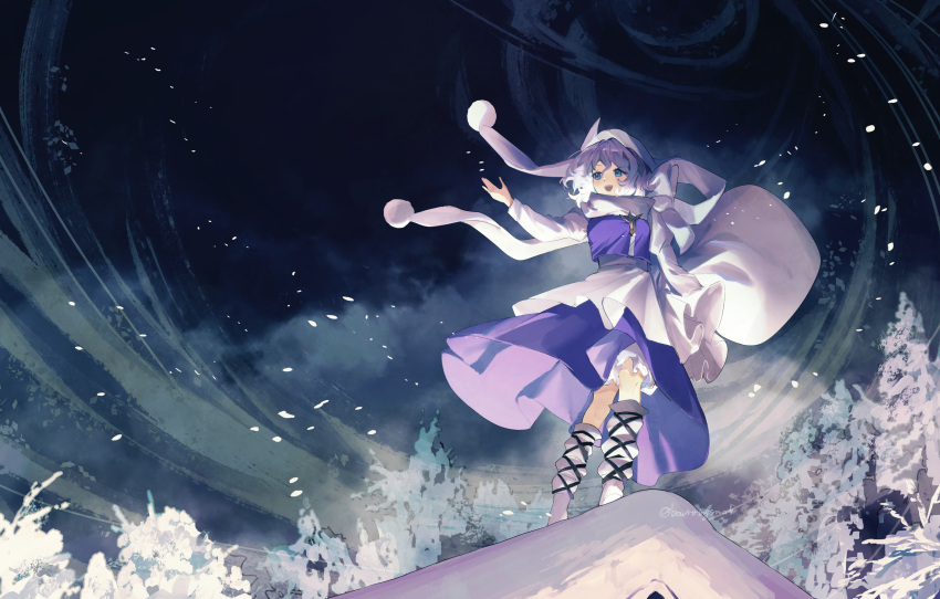 1girl absurdres bangs bloomers blue_eyes blue_skirt blue_vest blush grey_hair hair_between_eyes hat highres lapel_pin letty_whiterock long_sleeves oito_(bowstringsmall) open_mouth pom_pom_(clothes) scarf short_hair skirt smile snow solo touhou twitter_username underwear vest white_bloomers white_headwear white_scarf