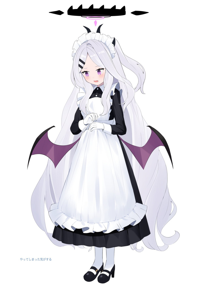 ahoge alternate_costume apron bangs beko_(beco_1122) black_dress blue_archive demon_horns demon_wings dress gloves hair_ornament hairclip halo high_heels highres hina_(blue_archive) horns long_hair long_sleeves low_wings maid maid_apron multiple_horns parted_bangs revision skirt very_long_hair violet_eyes white_apron white_gloves white_hair wings