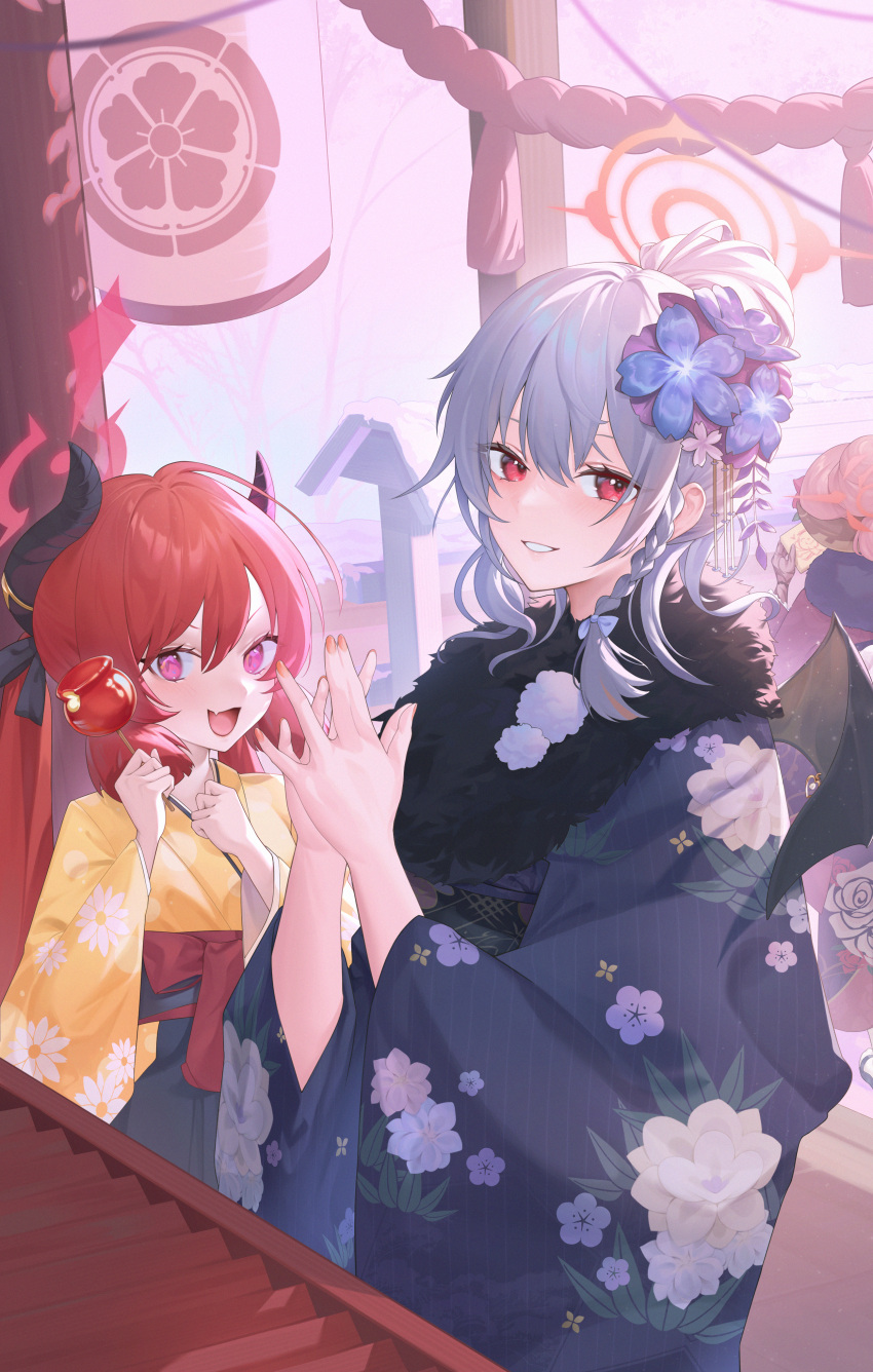 3girls :d absurdres aru_(blue_archive) bat_wings black_kimono blue_archive blue_bow blue_flower blush bow box braid candy_apple compass_rose_halo donation_box fang fingernails floral_print flower food grey_hair hair_between_eyes hair_bow hair_flower hair_ornament halo haruna_(blue_archive) highres holding holding_food holding_paper horns japanese_clothes junko_(blue_archive) kimono looking_at_viewer medium_hair multiple_girls open_mouth own_hands_together paper parted_lips pink_eyes pink_hair red_eyes red_kimono redhead rope shibasoda shimenawa single_braid skin_fang smile wings yellow_kimono