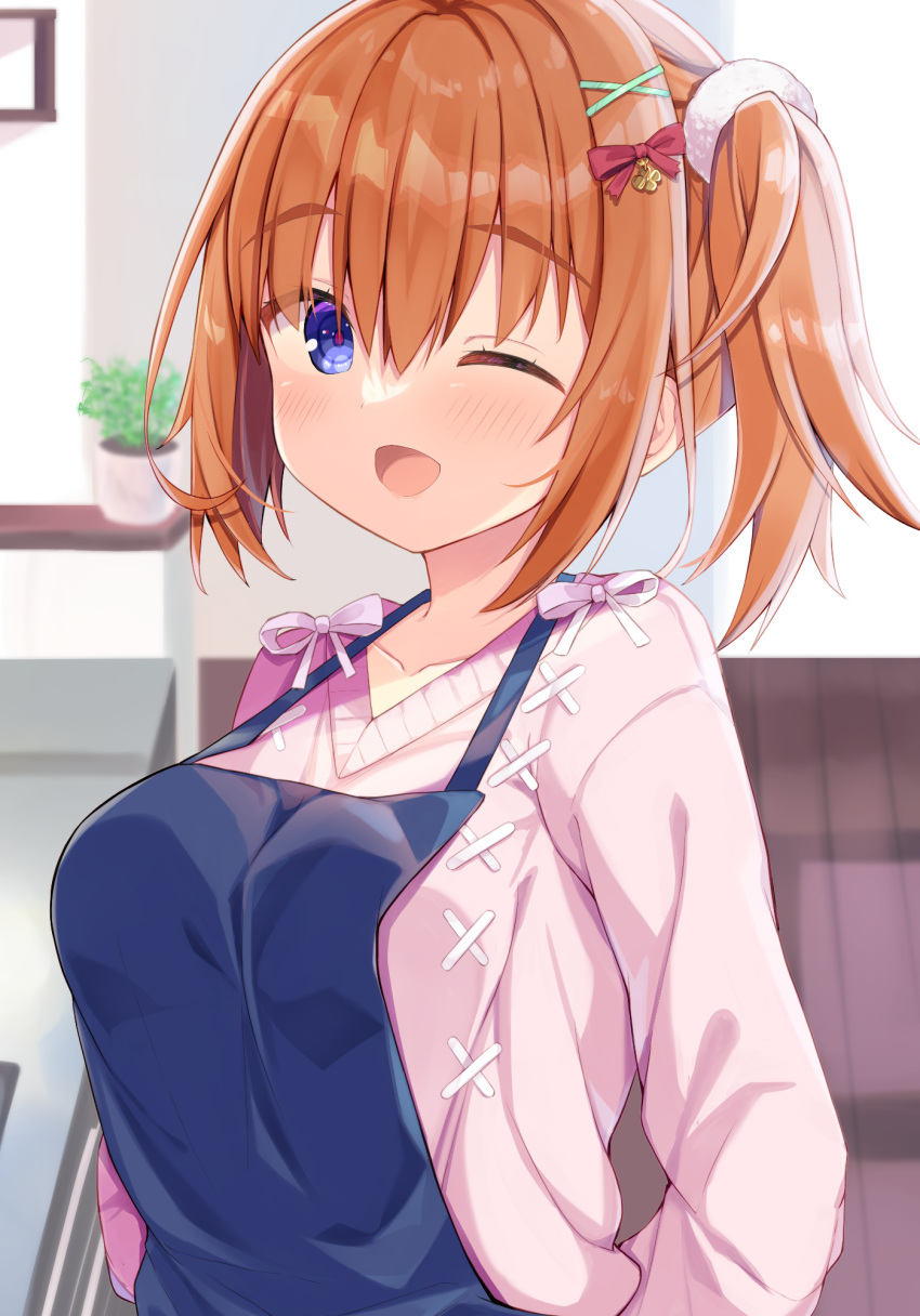 1girl ;d apron arms_behind_back bangs blue_apron blue_eyes blush bow breasts cafe_stella_to_shinigami_no_chou collarbone commentary hair_between_eyes hair_bow hair_ornament hairclip highres indoors large_breasts long_sleeves looking_at_viewer one_eye_closed open_mouth orange_hair pink_ribbon pink_sweater red_bow ribbon segaxtu sidelocks smile solo sumizome_nozomi sweater thick_eyebrows twintails upper_body x_hair_ornament yuzu-soft