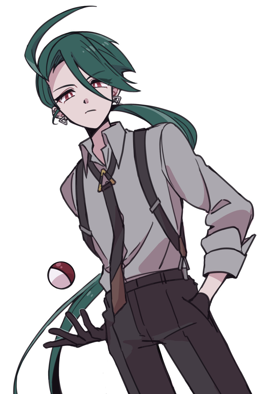 1girl 64ibon absurdres ahoge bangs black_gloves black_necktie black_pants bright_pupils closed_mouth collared_shirt earrings frown gloves green_hair grey_shirt hair_between_eyes hand_in_pocket highres jewelry long_hair looking_at_viewer necktie pants poke_ball poke_ball_(basic) pokemon pokemon_(game) pokemon_sv ponytail red_eyes rika_(pokemon) shirt solo suspenders white_pupils