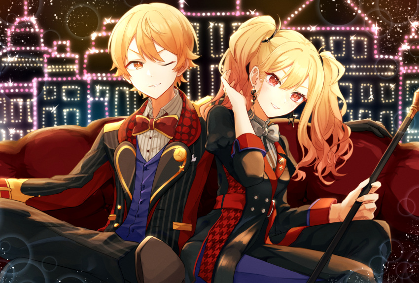 1boy 1girl blonde_hair brother_and_sister color_connection commentary couch highres ktori little_bravers!_(project_sekai) long_hair looking_at_viewer matching_outfit multicolored_hair on_couch one_eye_closed orange_eyes outfit_connection pink_eyes pink_hair project_sekai short_hair siblings tenma_saki tenma_tsukasa twintails wavy_hair zenryoku!_wonder_halloween!_(project_sekai)