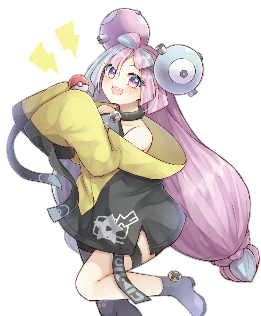 1girl :d aqua_hair bangs blush boots bow-shaped_hair character_hair_ornament commentary_request gray_pantyhose grey_footwear grey_shirt highres iono_(pokemon) jacket kanataww long_hair multicolored_hair open_mouth pantyhose pink_hair poke_ball poke_ball_(basic) pokemon pokemon_(game) pokemon_sv shirt single_leg_pantyhose sleeveless sleeveless_shirt smile solo split-color_hair teeth thigh_strap twintails two-tone_hair upper_teeth_only violet_eyes yellow_jacket
