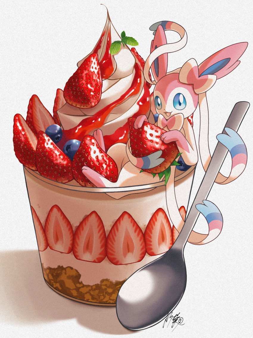 :d blue_eyes blueberry comic cup dessert food fruit happy highres holding holding_food holding_fruit kuchiba_(jret2454) no_humans open_mouth pokemon pokemon_(creature) smile solo spoon strawberry sylveon tongue