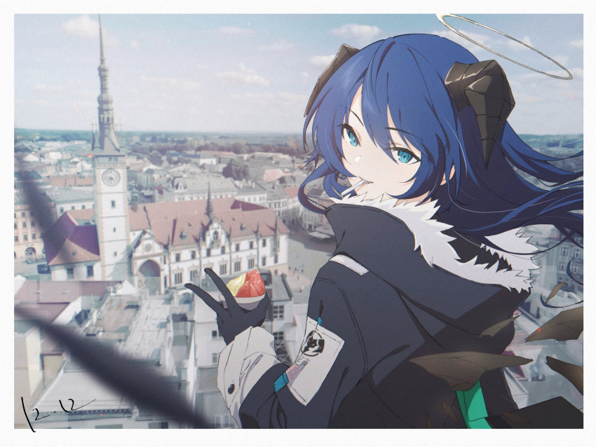 1girl arknights bangs black_coat black_gloves blue_eyes blue_hair border bowl building closed_mouth coat dated detached_wings film_grain food gloves grey_shirt halo hand_up highres holding holding_bowl hood hood_down hooded_coat horns konota_ko long_hair long_sleeves looking_at_viewer looking_back mostima_(arknights) outdoors photo_background shirt smile solo utensil_in_mouth v wings