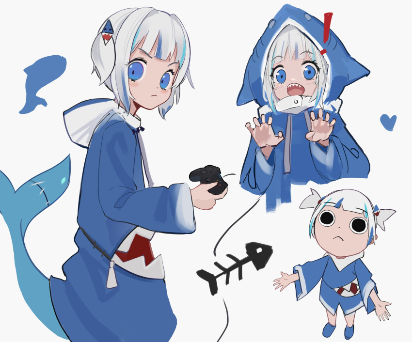 1girl :d animal_hood bangs blue_eyes blue_hair blush controller dethmaid fish_tail from_side frown gawr_gura grey_hair hair_ornament heart highres holding holding_controller hololive hololive_english hood hood_up long_sleeves looking_at_viewer multicolored_hair multiple_views open_mouth shark_hood shark_tail sharp_teeth smile streaked_hair tail teeth virtual_youtuber yotsubato!