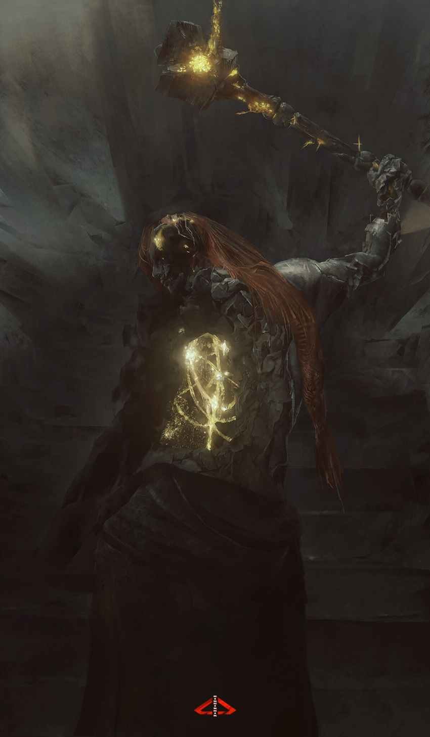 1boy decay deformed elden_ring elden_ring_(object) hammer highres holding holding_hammer holding_weapon long_hair looking_at_viewer looking_back radagon_of_the_golden_order redhead solo vi-vi-vi weapon