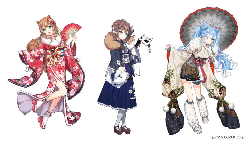 3girls :d animal_ears anya_melfissa ayunda_risu black_gloves blonde_hair blue_eyes blue_hair blue_hakama blue_kimono blue_socks blush boots breasts brown_footwear brown_hair brown_kimono closed_mouth collar commentary double_bun drill_hair english_commentary eyewear_on_head feather_boa floral_print flower folding_fan fox frilled_collar frilled_sleeves frills full_body fur-trimmed_kimono fur_boots fur_scarf fur_trim geta gloves green_eyes grey_pantyhose grin hair_bun hair_flower hair_ornament hair_stick hairclip hakama hakama_skirt hand_fan heart heart_hair_ornament highres holding holding_fan holding_mask holding_umbrella hololive hololive_indonesia japanese_clothes kimono kobo_kanaeru lace lace-trimmed_kimono lace_gloves lace_trim leaning_forward light_blue_hair long_hair looking_at_viewer mask multicolored_hair multiple_girls neck_ribbon obi obiage obijime official_alternate_costume official_art one_eye_closed open_mouth pantyhose parasol pink_footwear pleated_skirt pom_pom_(clothes) puunyannyan red-tinted_eyewear red_kimono red_ribbon ribbed_legwear ribbon rope sash shoes short_hair side_drill simple_background skirt sleeves_past_wrists small_breasts smile socks squirrel_ears squirrel_girl squirrel_tail standing streaked_hair sunglasses tail tassel teeth thigh_strap tinted_eyewear twintails two-tone_hair umbrella violet_eyes virtual_youtuber watermark white_background white_footwear white_hair white_socks wide_sleeves yukata