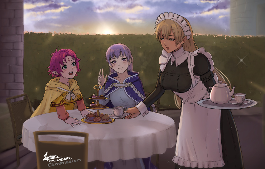 3girls absurdres alternate_costume apron blonde_hair cm_lynarc commission commissioner_upload dark_skin dress facial_mark fae_(fire_emblem) fire_emblem fire_emblem:_the_binding_blade fire_emblem:_three_houses forehead_mark green_eyes highres igrene_(fire_emblem) long_hair maid maid_apron multiple_girls non-web_source open_mouth pointy_ears purple_hair short_hair smile sophia_(fire_emblem) tea tray violet_eyes yellow_eyes