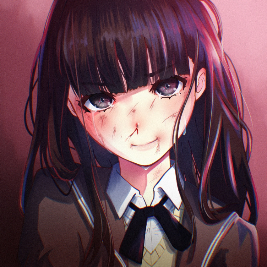 1girl amagami ayatsuji_tsukasa bangs black_bow black_bowtie black_eyes black_hair black_jacket blazer blood blood_on_face blunt_bangs bow bowtie close-up closed_mouth collared_shirt commentary crying crying_with_eyes_open dress_shirt eyelashes gradient_background hair_strand head_tilt highres injury jacket kibito_high_school_uniform lips long_hair looking_at_viewer messy_hair nosebleed oshizu pink_background pink_lips portrait school_uniform scratches shirt smile solo sweater_vest tears upper_body upturned_eyes v-shaped_eyebrows white_shirt yellow_sweater_vest