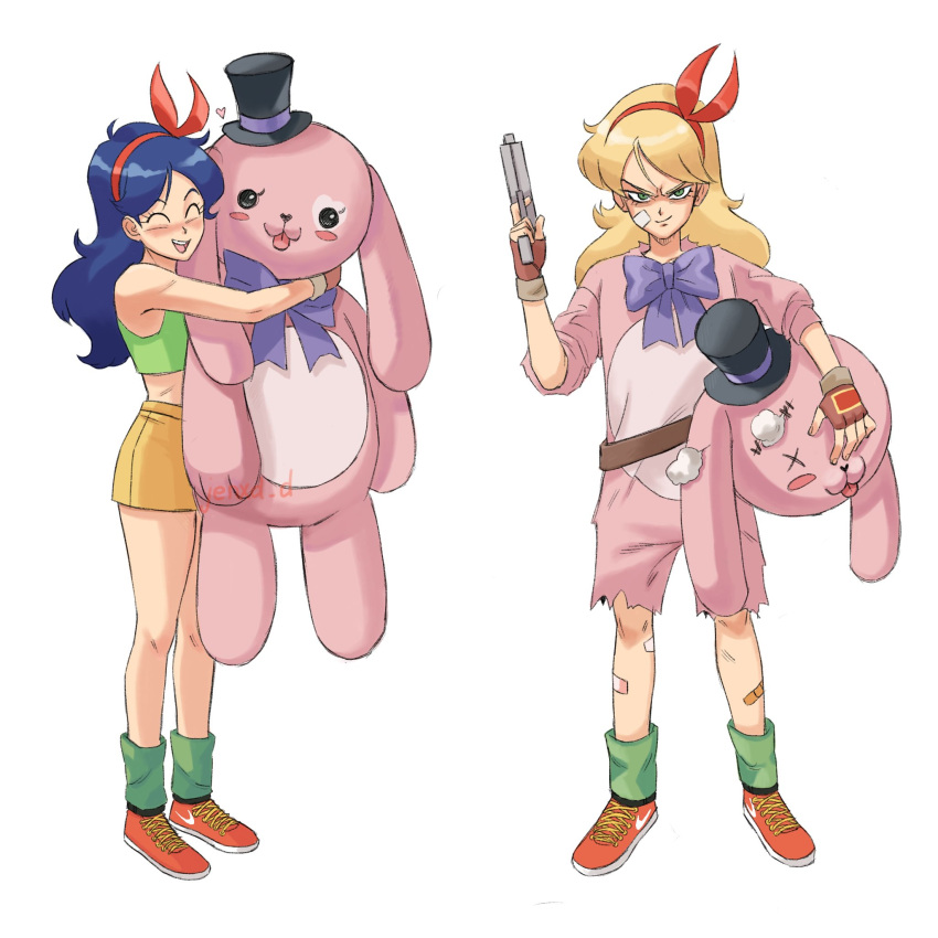 2girls animal_costume blonde_hair blue_hair bow closed_eyes commentary crop_top dragon_ball dragon_ball_(classic) dual_persona english_commentary finger_on_trigger green_eyes green_tank_top gun hairband highres holding holding_gun holding_stuffed_toy holding_weapon jenxd_d lunch_(dragon_ball) multiple_girls open_mouth purple_bow rabbit_costume red_hairband shoes short_shorts shorts smile sneakers stuffed_animal stuffed_bunny stuffed_toy tank_top v-shaped_eyebrows weapon x_x yellow_shorts