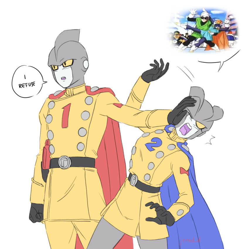 1boy 1girl belt black_gloves blue_cape cape commentary dragon_ball dragon_ball_super dragon_ball_super_super_hero dragon_ball_z dress english_commentary english_text gamma_1 gamma_2 genderswap genderswap_(mtf) gloves great_saiyaman great_saiyaman_2 gun highres holster holstered_weapon index_finger_raised jenxd_d one_eye_closed open_mouth pushing_away pushing_face red_cape short_dress signature son_gohan videl weapon yellow_dress