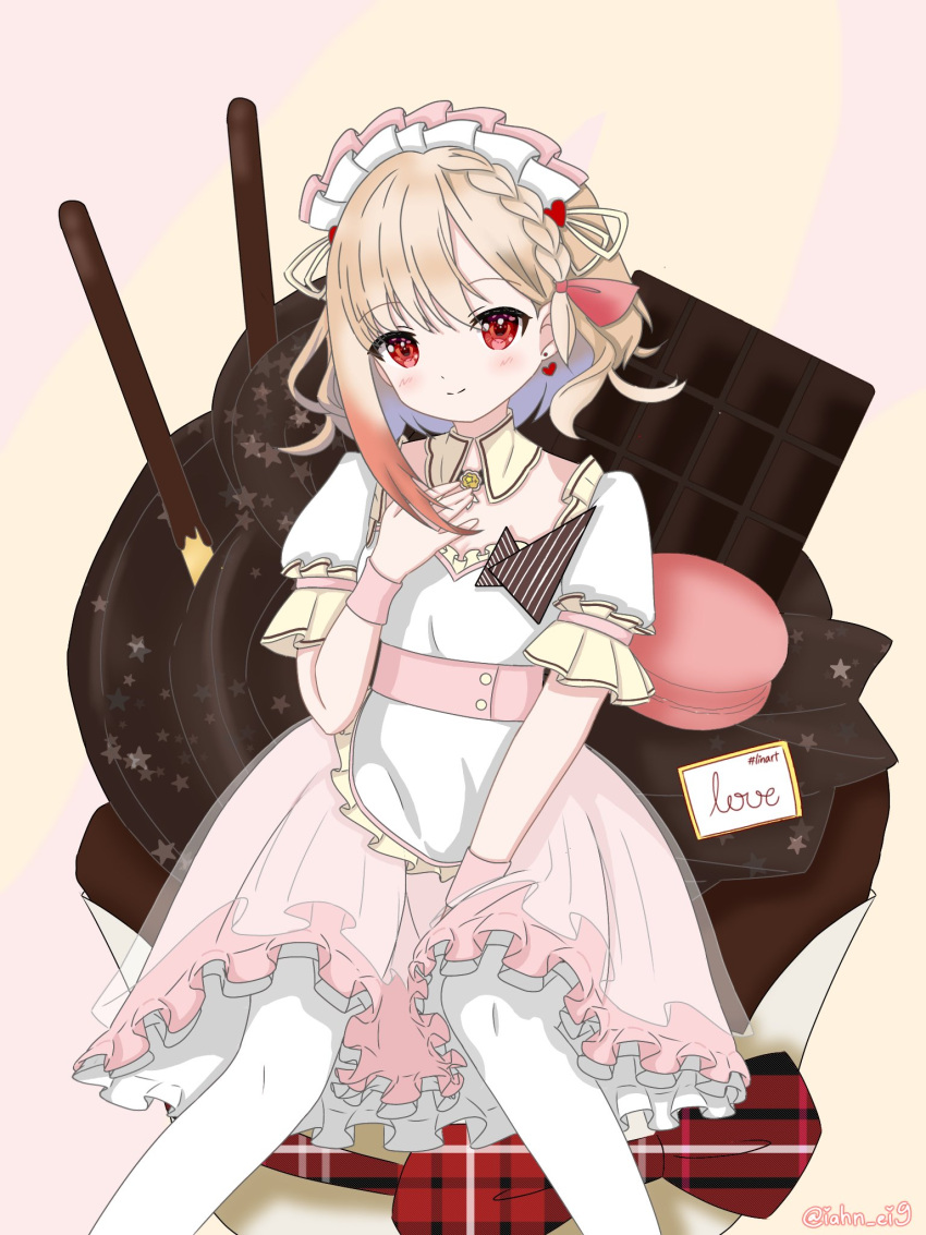1girl chocolate food frilled_headwear hand_on_own_chest highres iahn_ei9 multicolored_hair nijigen_project nika_lan_linh pantyhose pocky red_eyes smile virtual_youtuber white_pantyhose