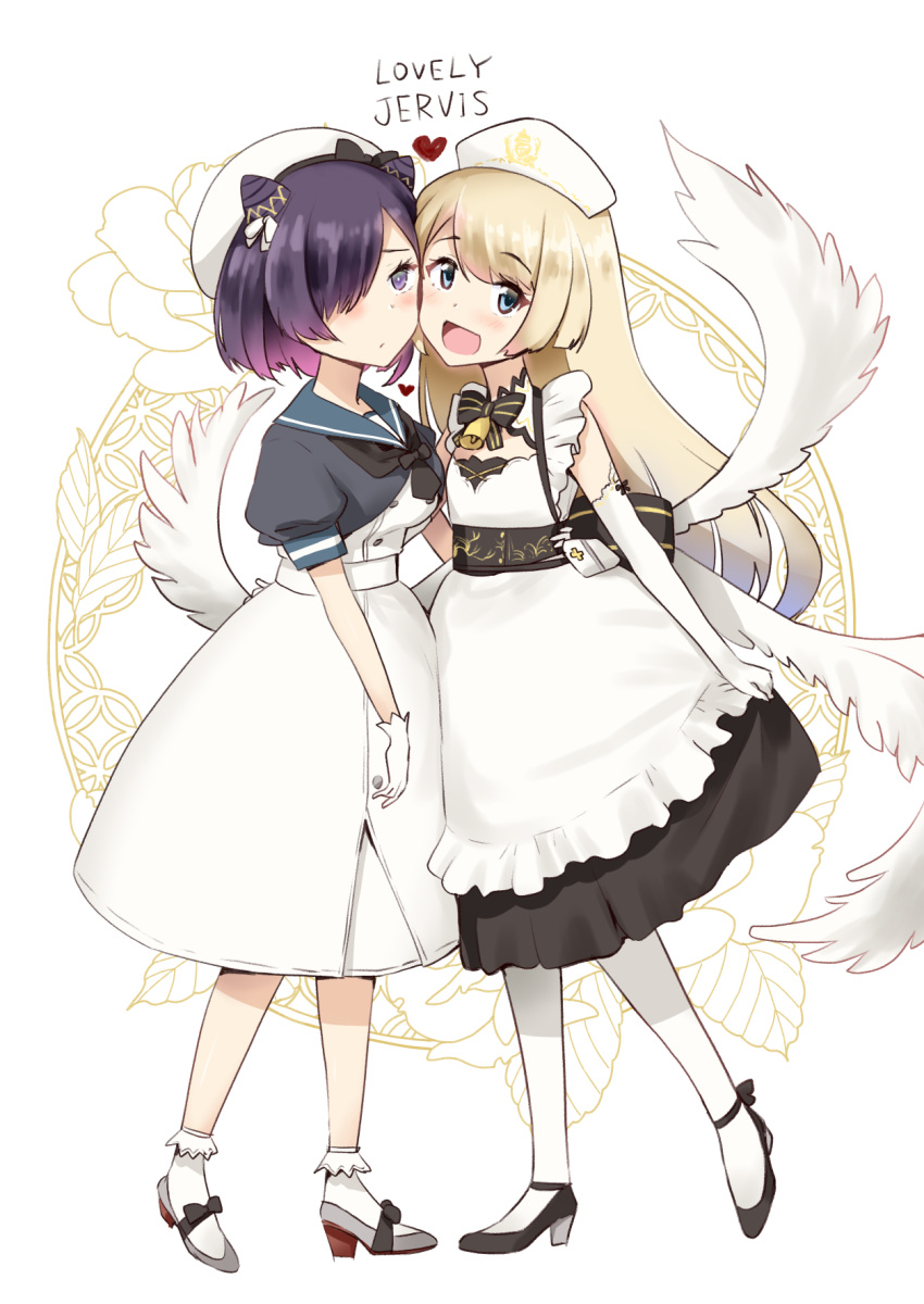 2girls azur_lane bell black_footwear blonde_hair blue_eyes blue_sailor_collar blush cleavage_cutout closed_mouth clothing_cutout cosplay costume_switch crossover dress elbow_gloves full_body gloves hair_over_one_eye hat heart high_heels highres historical_reference_connection jervis_(azur_lane) jervis_(azur_lane)_(cosplay) jervis_(kancolle) jervis_(kancolle)_(cosplay) kantai_collection long_hair minase_(takaoka_nanase) multiple_girls name_connection neck_bell nurse_cap open_mouth pantyhose puffy_short_sleeves puffy_sleeves purple_hair sailor_collar sailor_dress sailor_hat short_hair short_sleeves simple_background smile socks violet_eyes white_background white_dress white_gloves white_headwear white_pantyhose white_socks