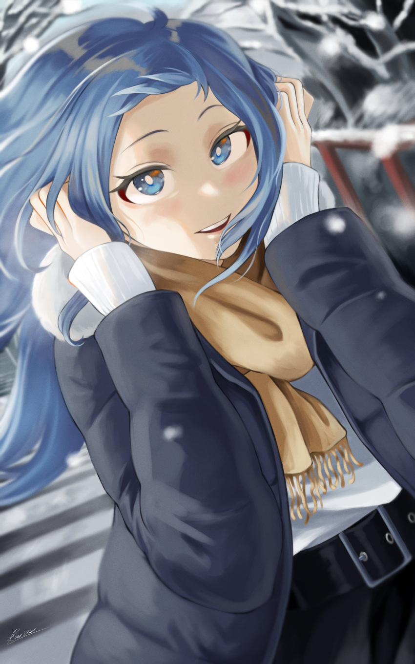 1girl absurdres alternate_costume belt black_coat black_skirt blue_eyes blue_hair boku_no_hero_academia coat fengling_(furin-jp) hadou_nejire hands_up highres light_smile long_hair looking_at_viewer outdoors scarf skirt snow snowing solo standing sweater white_sweater winter winter_clothes