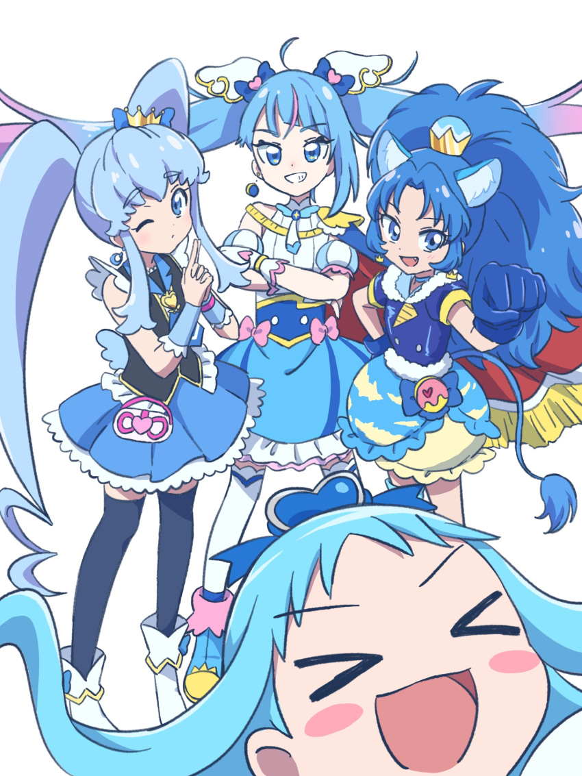 &gt;_&lt; 4girls animal_ears blue_choker blue_eyes blue_gloves blue_hair blue_skirt blush_stickers brooch bubble_skirt cape choker color_connection crown cure_gelato cure_marine cure_princess cure_sky detached_sleeves food gloves hair_ornament happinesscharge_precure! heart heart_brooch heart_hair_ornament heartcatch_precure! highres hirogaru_sky!_precure ice_cream jewelry kirakira_precure_a_la_mode kurumi_erika lion lion_ears lion_tail long_hair magical_girl mihikure06 mini_crown multiple_girls open_mouth pleated_skirt precure puffy_detached_sleeves puffy_sleeves shirayuki_hime shirt simple_background skirt sleeveless sleeveless_shirt smile sora_harewataru tail tategami_aoi twintails two-sided_cape two-sided_fabric very_long_hair vest white_background wing_hair_ornament