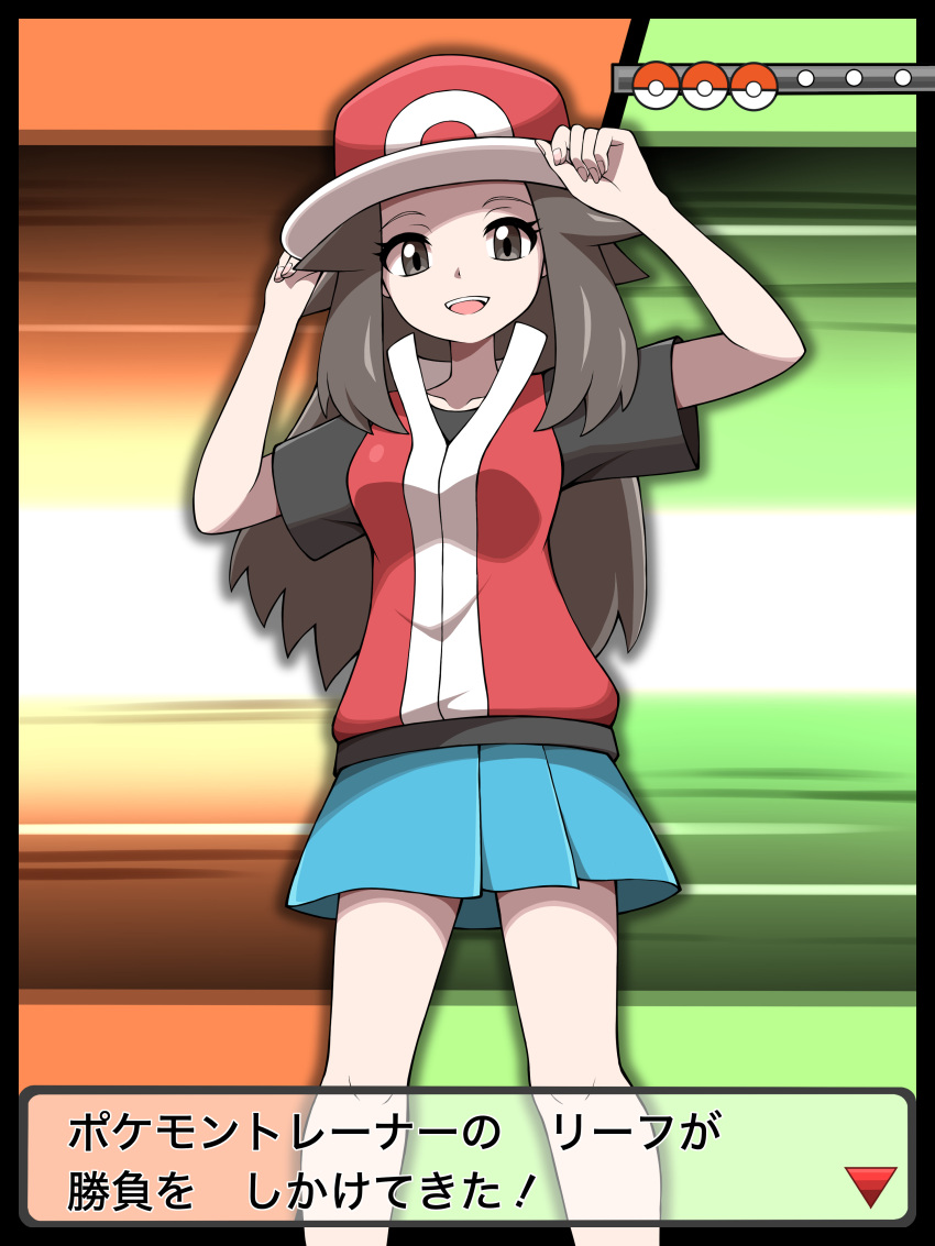 1girl :d absurdres arrow_(symbol) brown_eyes brown_hair commentary_request cosplay dialogue_box eyelashes hands_on_headwear hands_up hat highres jacket knees leaf_(pokemon) long_hair looking_at_viewer open_mouth pleated_skirt poke_ball_symbol pokemon pokemon_(game) pokemon_frlg red_(pokemon) red_(pokemon)_(cosplay) red_headwear red_jacket shabana_may shirt short_sleeves skirt sleeveless sleeveless_jacket smile solo teeth translation_request upper_teeth_only