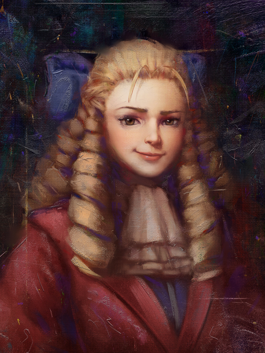 1girl absurdres antenna_hair ascot blonde_hair blue_bow bow brown_eyes commentary english_commentary faux_traditional_media forehead hair_bow hair_pulled_back highres jacket kanzuki_karin lips long_hair mismatched_eyebrows nose oil_painting_(medium) painting_(medium) portrait realistic red_jacket ringlets smirk solo sorapoi street_fighter traditional_media white_ascot