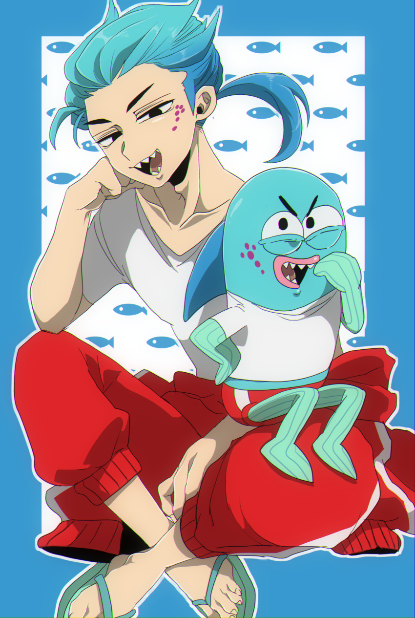 1boy absurdres blue_border blue_hair border clenched_hand collarbone creature_and_personification dorsal_fin error extra facial_mark fins fish fish_boy flip-flops highres humanization incidental_40 male_focus multiple_persona open_mouth ponytail red_shorts sandals segawasa sharp_teeth shirt shorts sitting spongebob_squarepants t-shirt teeth white_shirt wrong_feet
