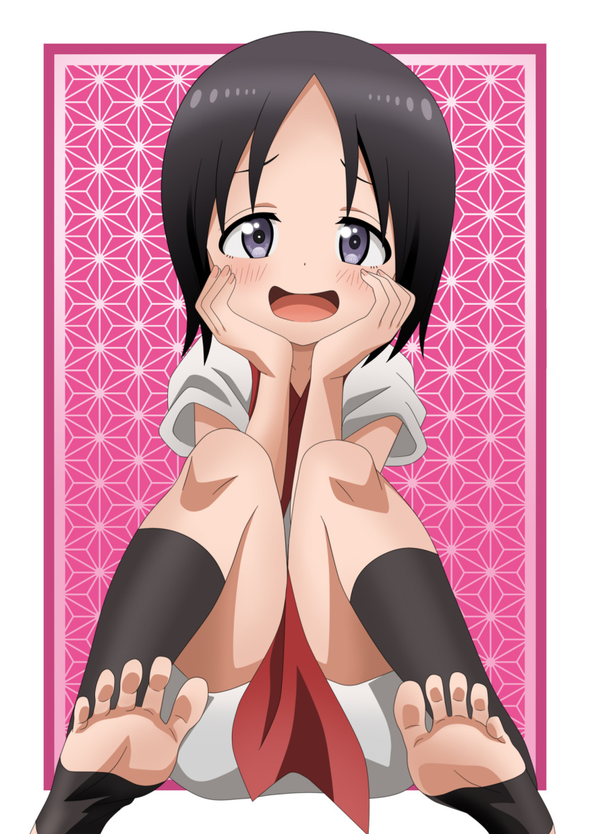 black_eyes black_hair blush feet female japanese_clothes kibushi_(kunoichi_tsubaki_no_mune_no_uchi) kunoichi_tsubaki_no_mune_no_uchi pink_background smile soles toeless_legwear toes