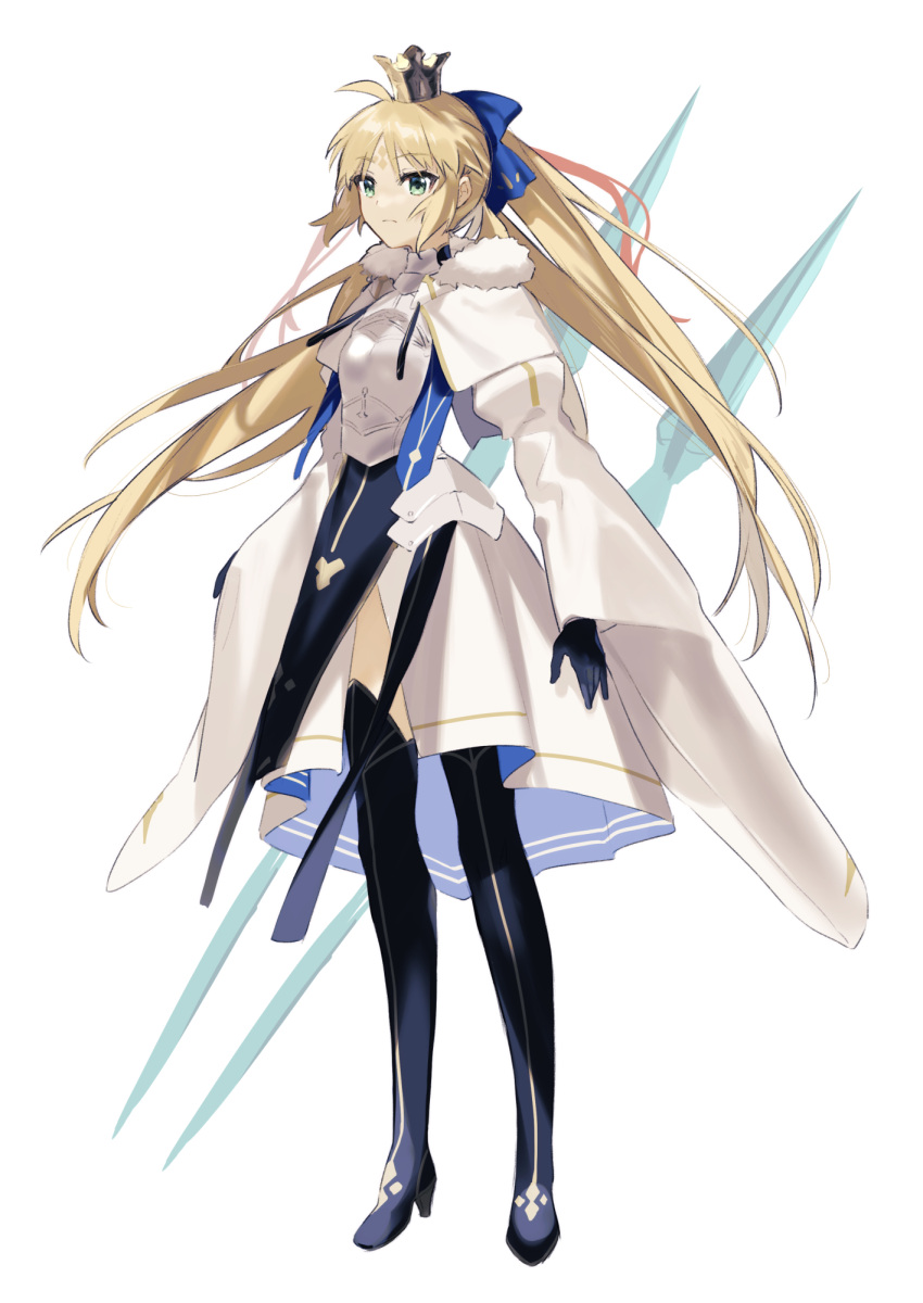1girl ahoge armor armored_dress artoria_caster_(fate) artoria_caster_(third_ascension)_(fate) artoria_pendragon_(fate) bangs black_footwear black_gloves black_ribbon blue_bow blue_ribbon bow bracelet cape collar commentary dress elbow_gloves fate/grand_order fate_(series) gloves green_eyes hair_bow highres jewelry long_dress long_fall_boots long_hair long_sleeves ornament red_ribbon rhombus ribbon rizu033 solo twintails white_cape white_fur