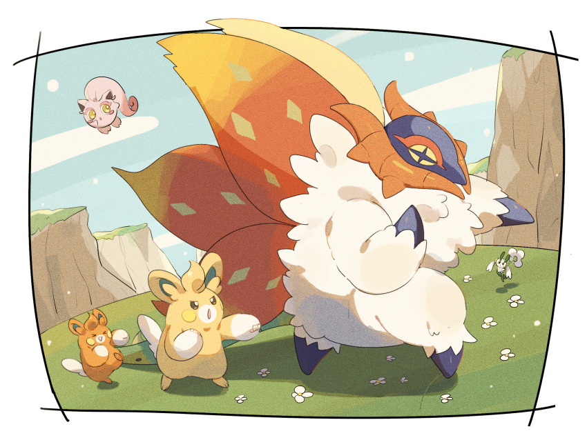 +_+ border commentary_request day floette floette_(white) grass highres matsuda_(0yx38755230263c) no_humans outdoors pawmi pawmo pokemon pokemon_(creature) punching scream_tail sky slither_wing standing white_border yellow_eyes