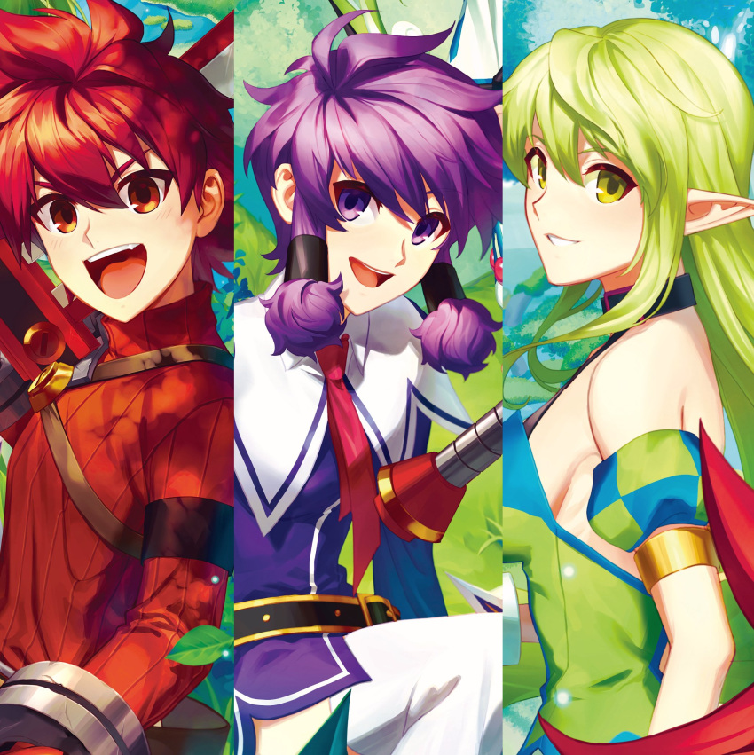 1boy 2girls aisha_landar bangs bare_shoulders belt black_belt breasts brown_belt commentary_request curly_hair dress elf elsword elsword_(character) green_dress green_eyes green_hair hair_between_eyes hair_tubes highres holding holding_sword holding_weapon knight_(elsword) korean_commentary leaf long_hair long_sleeves looking_at_viewer magician_(elsword) medium_breasts multiple_girls necktie nt_0803 open_mouth outdoors pointy_ears pointy_hair purple_dress purple_hair ranger_(elsword) red_eyes red_necktie red_sweater redhead rena_erindel ribbed_sweater short_hair sidelocks smile sweater sword teeth thigh-highs upper_teeth_only violet_eyes weapon white_thighhighs