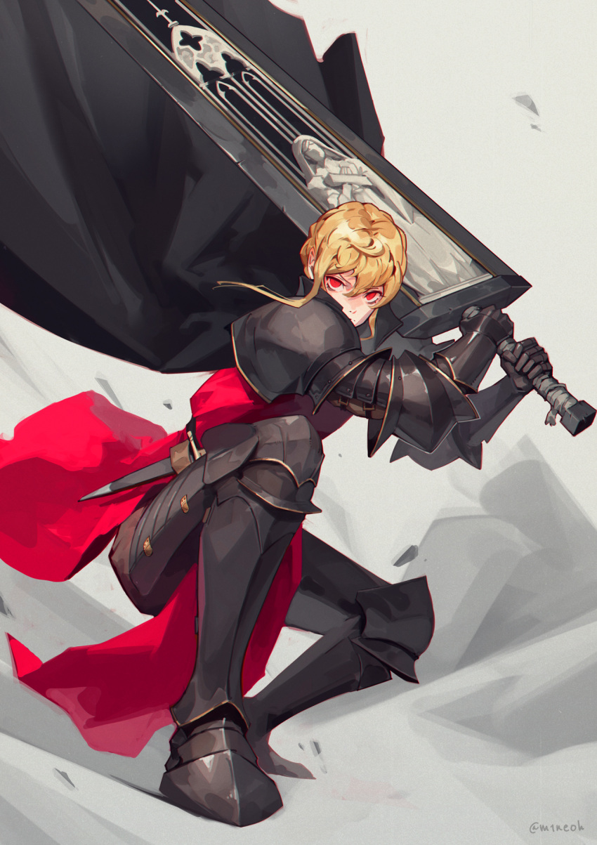 1girl armor artist_name black_cape blonde_hair braid cape commentary_request fighting_stance full_body gauntlets greatsword greaves hair_between_eyes highres holding holding_sword holding_weapon huge_weapon jiro_(ninetysix) looking_at_viewer original red_eyes sabaton serious simple_background solo squatting sword twin_braids weapon white_background