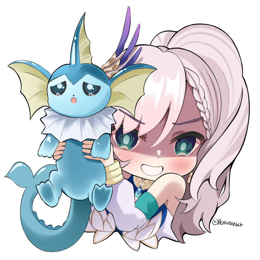 1girl bangs blue_eyes braid braided_bangs earrings feather_hair_ornament feathers green_eyes grey_hair hair_ornament highres holding hololive hololive_indonesia jewelry long_hair looking_at_viewer meme multicolored_hair pavolia_reine pokemon pokemon_(creature) rokusketch shaded_face smile tears vaporeon vaporeon_copypasta_(meme) virtual_youtuber white_background