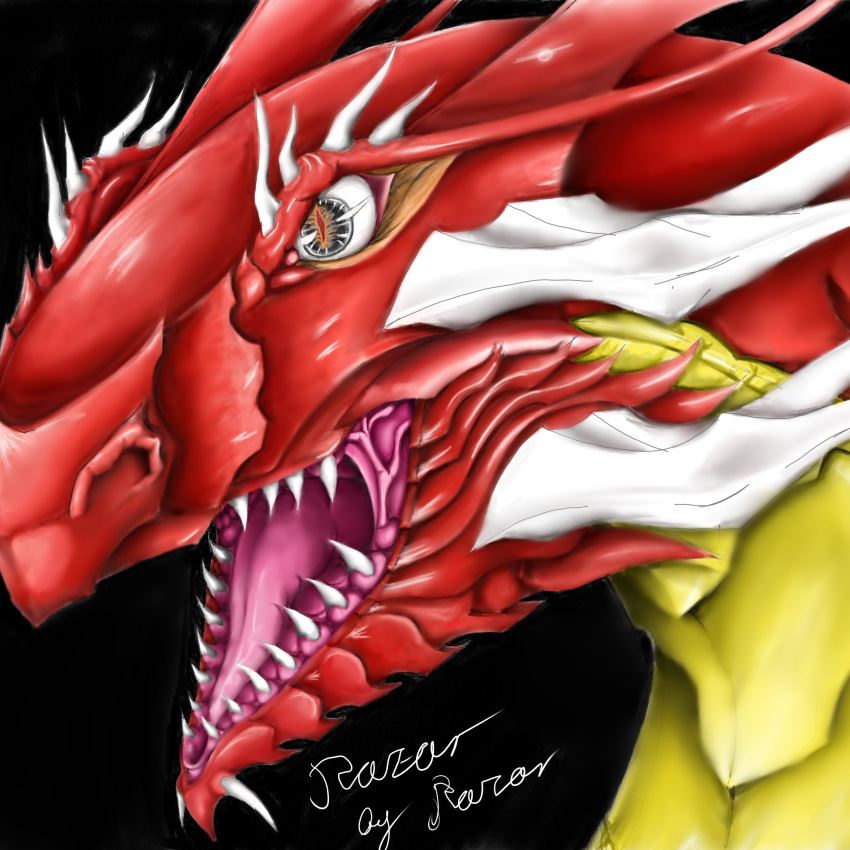 armor black_background black_eyes colored_skin dragon english_text from_side highres horns no_humans non-web_source open_mouth original portrait profile razaromni red_skin self-upload sharp_teeth signature simple_background slit_pupils solo teeth tongue