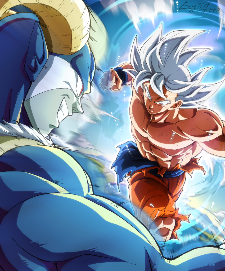 2boys abs absurdres artist_name battle biceps blue_skin brown_horns charging_forward clenched_hand closed_mouth colored_skin commentary curled_horns dougi dragon_ball dragon_ball_super eegiiartto energy english_commentary frown grey_eyes grin highres horns looking_at_another male_focus moro_(dragon_ball) multiple_boys muscular muscular_male pectorals pointy_ears profile punching red_eyes scratches serious signature smile son_goku spiky_hair teeth topless_male torn_clothes ultra_instinct v-shaped_eyebrows