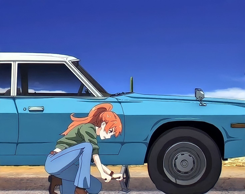 10s 1girl anna_schneider blue_sky boots car car_jack flat_tire green_jacket ground_vehicle motor_vehicle orange_hair takt_op._destiny tire