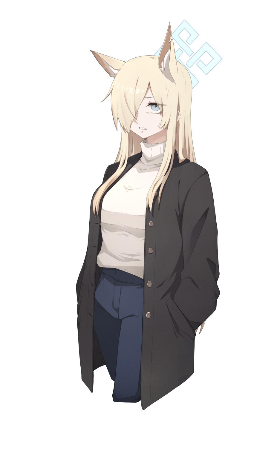 1girl absurdres alternate_costume animal_ear_fluff animal_ears black_jacket blonde_hair blue_archive blue_eyes blue_pants blush cropped_legs expressionless extra_ears hair_over_one_eye halo hands_in_pockets highres if_f jacket kanna_(blue_archive) long_hair long_sleeves open_clothes open_jacket open_mouth pants sharp_teeth shirt simple_background solo standing sweatdrop sweater teeth white_background white_sweater