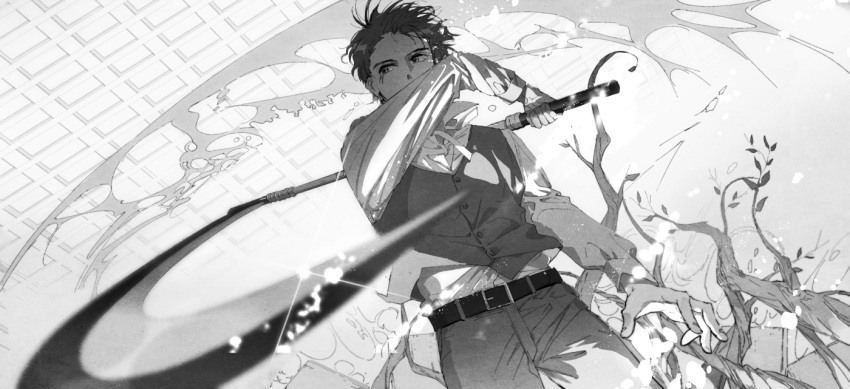 1boy attack belt blurry branch ceiling collared_shirt covered_mouth cowboy_shot depth_of_field dress_shirt dutch_angle floating_hair from_below glint greyscale hand_up holding holding_weapon kamon_(mao) long_sleeves male_focus mao_(takahashi_rumiko) monochrome motion_blur neck_ribbon outstretched_arm pants plant ribbon roku_(tsua-kihuyu) scar scar_on_cheek scar_on_face shirt shirt_tucked_in short_hair sideways_glance solo vest vines water weapon