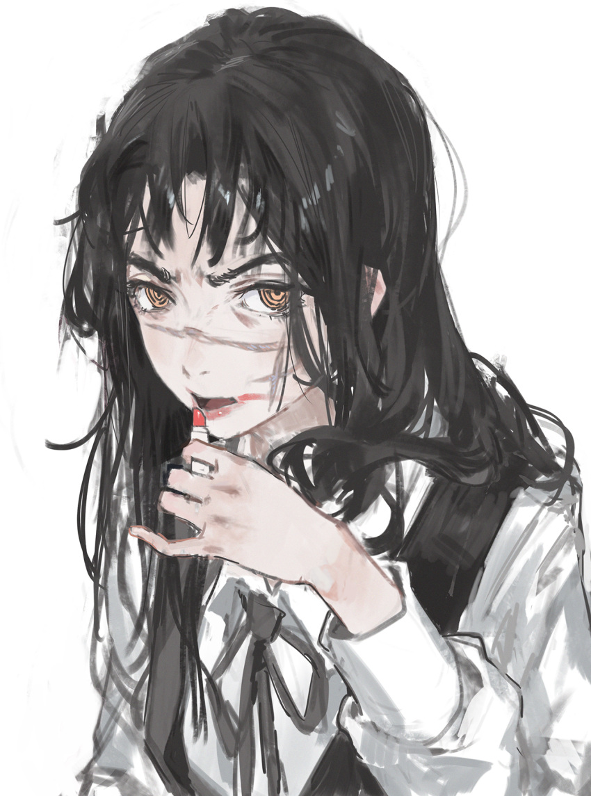 1girl bangs black_hair chainsaw_man cross_scar dino_(dinoartforame) dress fourth_east_high_school_uniform highres lipstick long_hair looking_at_viewer makeup messy_hair pinafore_dress ringed_eyes scar scar_on_cheek scar_on_face school_uniform simple_background smeared_lipstick solo white_background yellow_eyes yoru_(chainsaw_man)